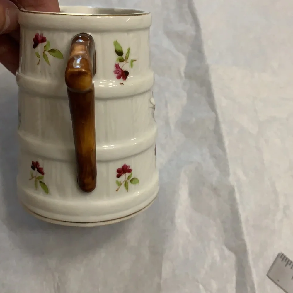 Bone China with faux bois handle with floral barrel creamer pitcher